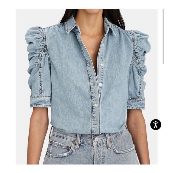 Frame Denim Tops - FRAME | Ruched Puff Sleeved Denim Shirt